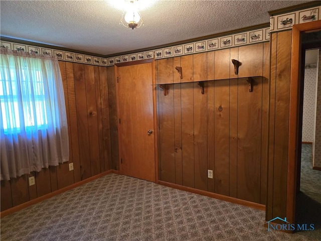 23423 Rd 104, Oakwood, OH 45873 - unfurnished room with a textured ceiling, dark colored carpet, and wooden walls
