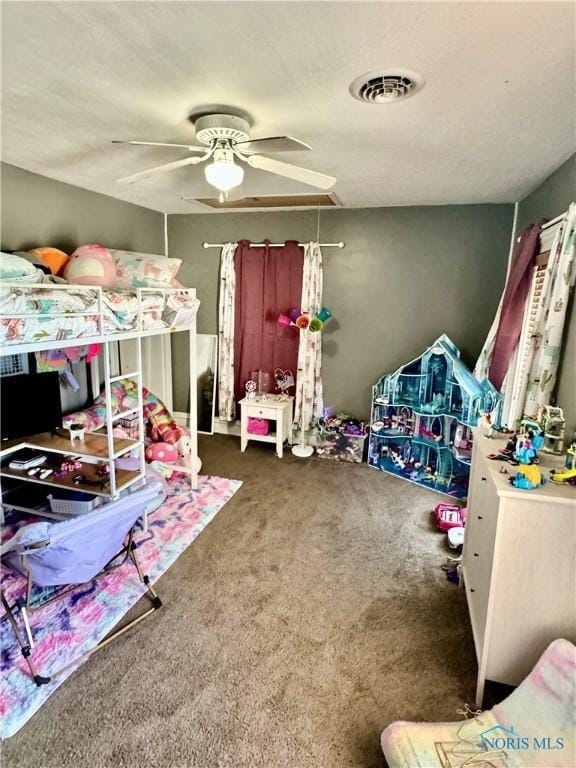 bedroom featuring carpet flooring and a ceiling fan