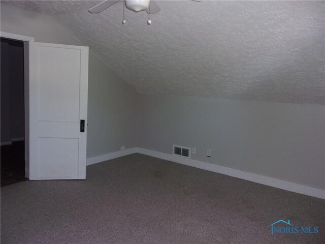 417 Race St, Clyde, OH 43410 - additional living space with a textured ceiling, vaulted ceiling, baseboards, ceiling fan, and carpet flooring