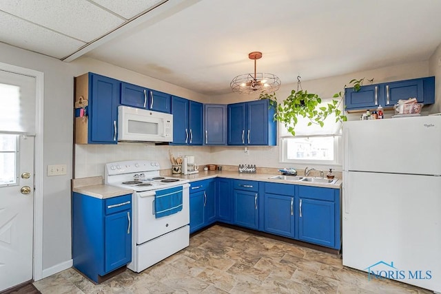 210 Willamont Rd, Toledo, OH 43612 - kitchen featuring white appliances, blue cabinets, a sink, and a chandelier