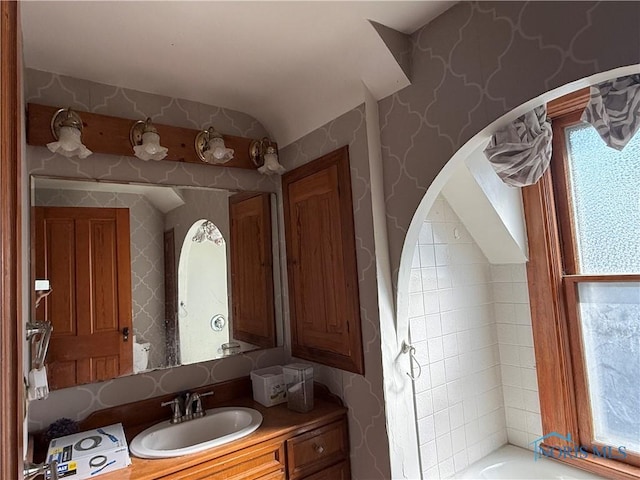 1023 Buckland Ave, Fremont, OH 43420 - bathroom with vanity and wallpapered walls