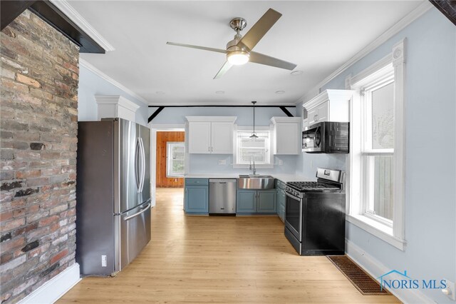308 Crittenden Ave, Toledo, OH 43609 - kitchen featuring stainless steel appliances, a sink, ornamental molding, ceiling fan, and light wood-style floors