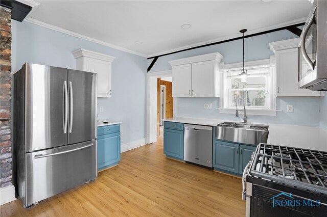 308 Crittenden Ave, Toledo, OH 43609 - kitchen with stainless steel appliances, blue cabinetry, a sink, ornamental molding, and light wood-style flooring