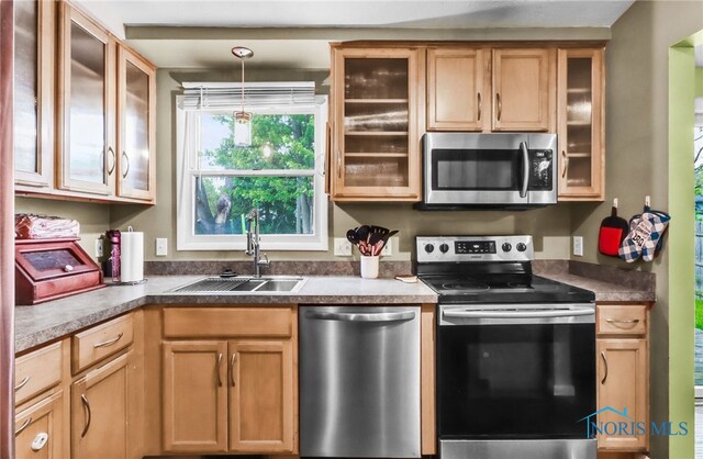 5956 E Pembridge Dr, Toledo, OH 43615 - kitchen with stainless steel appliances, a sink, glass insert cabinets, decorative light fixtures, and dark countertops