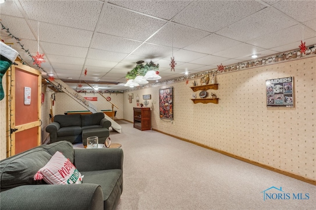 8012 County Highway 55, Upper Sandusky, OH 43351 - carpeted living area with a paneled ceiling, baseboards, and wallpapered walls