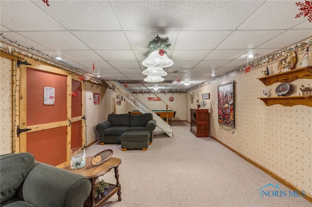 8012 County Highway 55, Upper Sandusky, OH 43351 - living room with carpet, a paneled ceiling, baseboards, billiards, and wallpapered walls