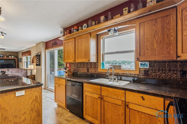 8012 County Highway 55, Upper Sandusky, OH 43351 - kitchen featuring a sink, black dishwasher, decorative backsplash, and open floor plan