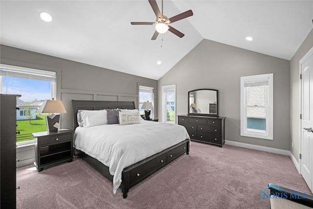 9575 Newbury Ln, Whitehouse, OH 43571 - carpeted bedroom featuring vaulted ceiling, multiple windows, recessed lighting, a ceiling fan, and baseboards