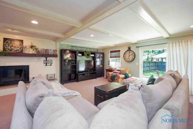 2057 Windsor Pl, Findlay, OH 45840 - living area with carpet flooring, beam ceiling, recessed lighting, and a glass covered fireplace