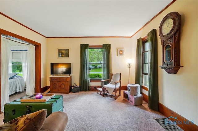 7438 Yawberg Rd, Whitehouse, OH 43571 - living area with ornamental molding, carpet floors, and healthy amount of natural light