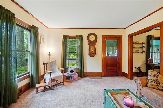 7438 Yawberg Rd, Whitehouse, OH 43571 - living area featuring carpet flooring, ornamental molding, and baseboards