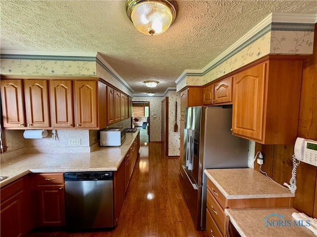 230 Orchard Ln, Upper Sandusky, OH 43351 - kitchen with wallpapered walls, stainless steel appliances, crown molding, dark wood-style flooring, and a textured ceiling