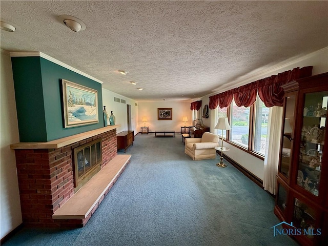 230 Orchard Ln, Upper Sandusky, OH 43351 - unfurnished living room with carpet floors, a fireplace, a textured ceiling, ornamental molding, and baseboards