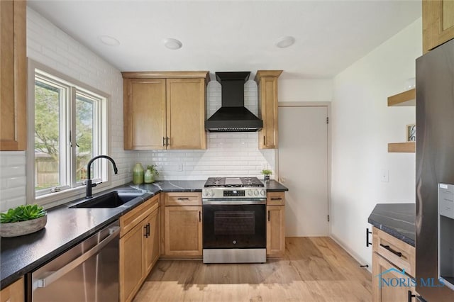 800 Pierce St, Maumee, OH 43537 - kitchen featuring wall chimney range hood, stainless steel appliances, a sink, and tasteful backsplash