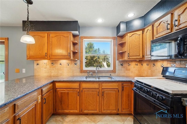 5450 Twp Rd 69, Tiffin, OH 44883 - kitchen with black appliances, open shelves, a sink, brown cabinetry, and recessed lighting