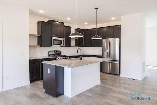 1089 Springcrest Dr, Waterville, OH 43566 - kitchen featuring appliances with stainless steel finishes, a sink, open shelves, light stone counters, and light wood finished floors