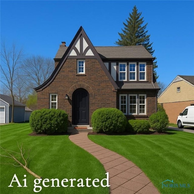 tudor-style house featuring brick siding, a front yard, and a chimney