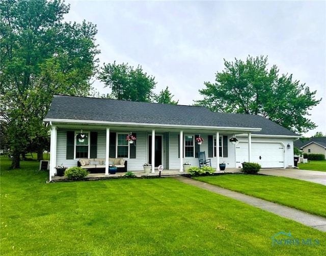 41 Salome Cir, Bluffton, OH 45817 - ranch-style house featuring covered porch, a garage, a front lawn, concrete driveway, and an outdoor hangout area