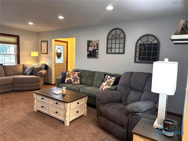 41 Salome Cir, Bluffton, OH 45817 - living room featuring dark colored carpet and recessed lighting