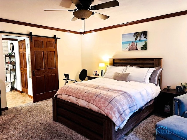 41 Salome Cir, Bluffton, OH 45817 - carpeted bedroom with a barn door, ornamental molding, and ceiling fan