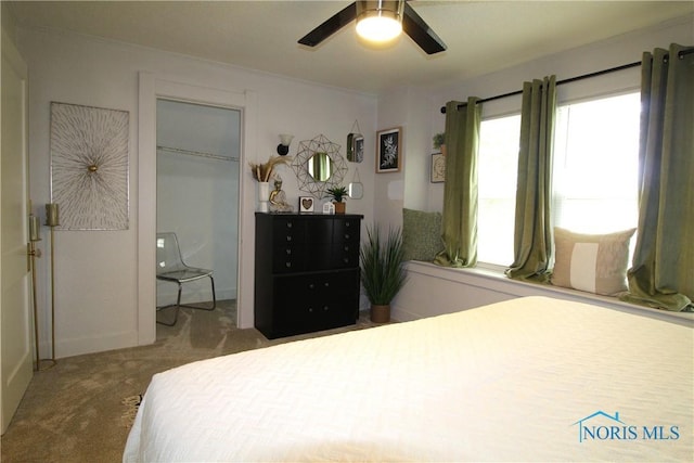 carpeted bedroom featuring ceiling fan and a closet