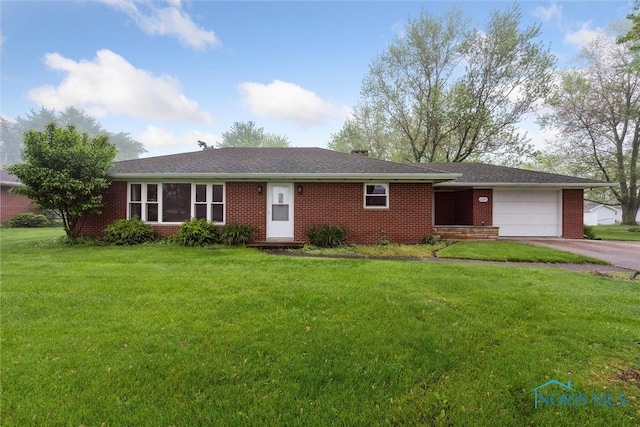 1208 Lindau St, Archbold, OH 43502 - ranch-style home with an attached garage, asphalt driveway, brick siding, and a front lawn