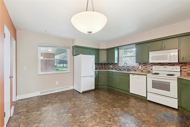 1208 Lindau St, Archbold, OH 43502 - kitchen with white appliances, green cabinetry, a sink, and decorative backsplash