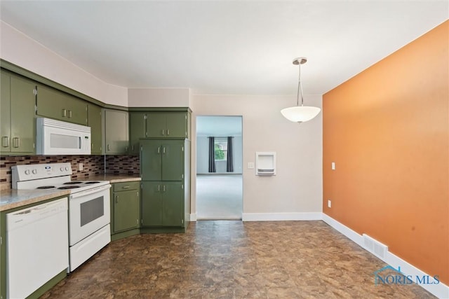 1208 Lindau St, Archbold, OH 43502 - kitchen featuring white appliances, green cabinetry, decorative backsplash, and baseboards
