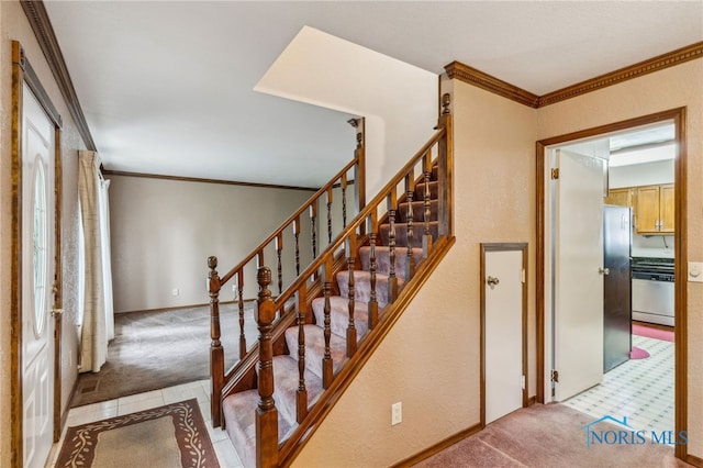 832 Maple Ln, Waterville, OH 43566 - stairs with carpet, ornamental molding, tile patterned floors, and baseboards