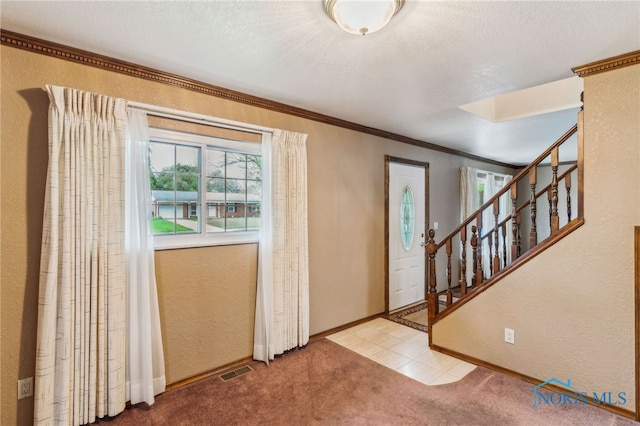 832 Maple Ln, Waterville, OH 43566 - foyer with plenty of natural light, carpet flooring, a textured wall, stairway, and ornamental molding