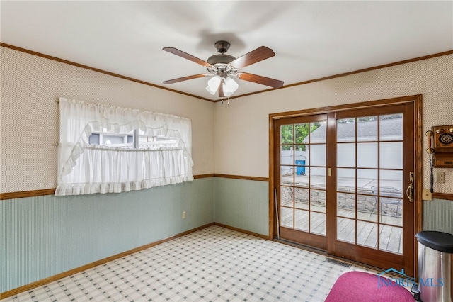 832 Maple Ln, Waterville, OH 43566 - unfurnished room with crown molding, a ceiling fan, carpet flooring, and baseboards