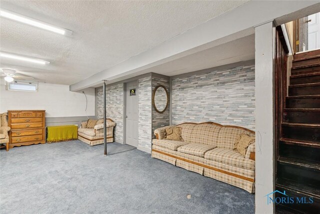417 Indian Rd, Wauseon, OH 43567 - below grade area with a textured ceiling, stairway, and carpet floors