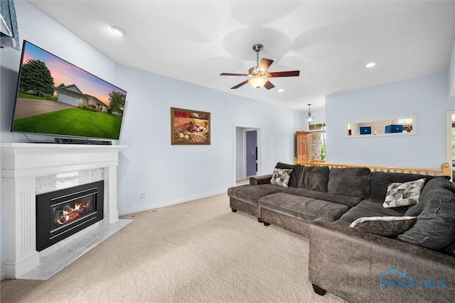 5723 Timbers Grn, Waterville, OH 43566 - carpeted living room featuring a high end fireplace, ceiling fan, recessed lighting, and baseboards
