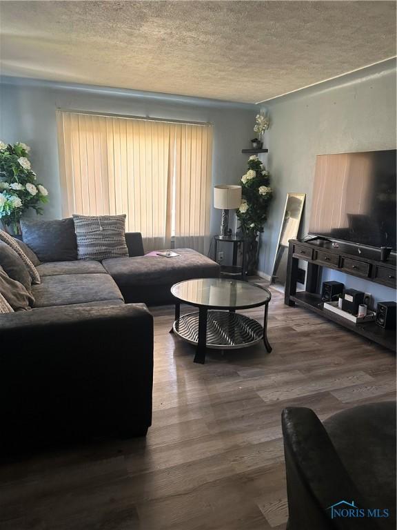 living area with wood finished floors and a textured ceiling