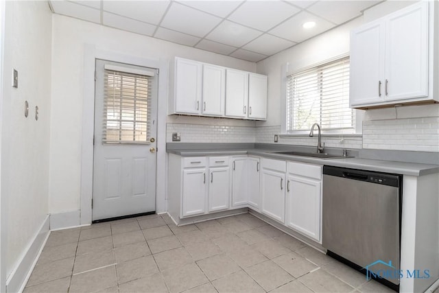 4202 Asbury Dr, Toledo, OH 43612 - kitchen featuring stainless steel dishwasher, a sink, decorative backsplash, white cabinets, and light countertops