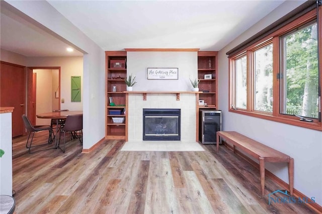 2008 Rush Creek Ct, Findlay, OH 45840 - living room featuring a tiled fireplace, wood finished floors, and baseboards