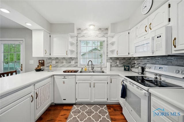 805 N Hill Trl, Findlay, OH 45840 - kitchen with white appliances, a sink, open shelves, plenty of natural light, and recessed lighting