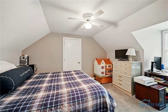 805 N Hill Trl, Findlay, OH 45840 - bedroom featuring light carpet, vaulted ceiling, and ceiling fan