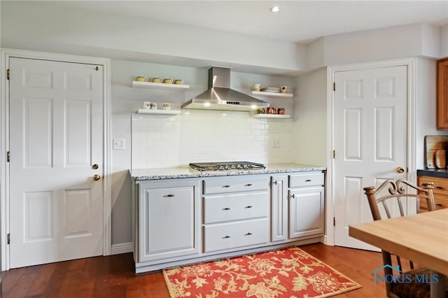 125 Carolin Ct, Perrysburg, OH 43551 - kitchen with wall chimney range hood, open shelves, stainless steel gas stovetop, dark wood-style flooring, and recessed lighting