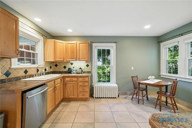 232 E Wayne St, Maumee, OH 43537 - kitchen with radiator heating unit, dishwasher, tasteful backsplash, light tile patterned floors, and recessed lighting