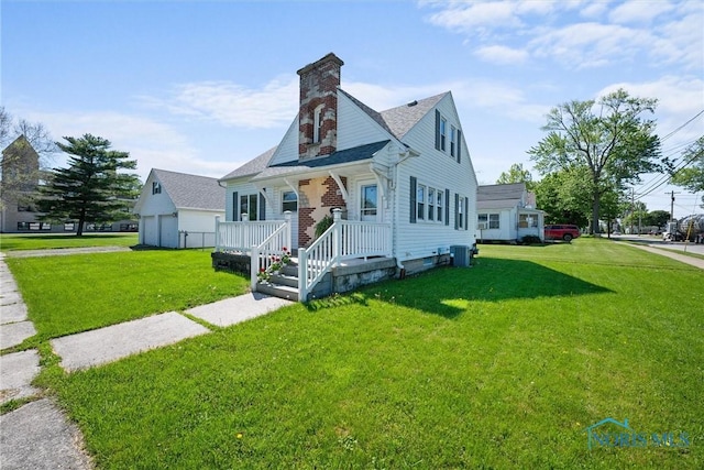 431 W Ottawa St, Oak Harbor, OH 43449 - bungalow with a front yard, cooling unit, a chimney, and a garage
