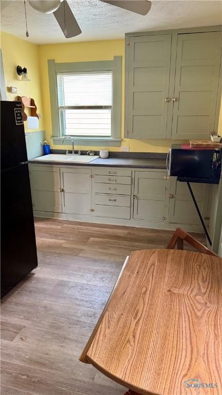 2659 Oak Grove Pl, Toledo, OH 43613 - kitchen with freestanding refrigerator, a sink, ceiling fan, and light wood-style floors
