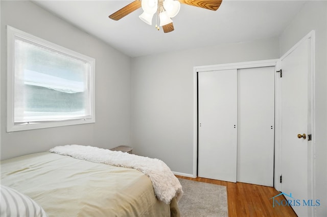 bedroom with wood finished floors, a closet, and a ceiling fan