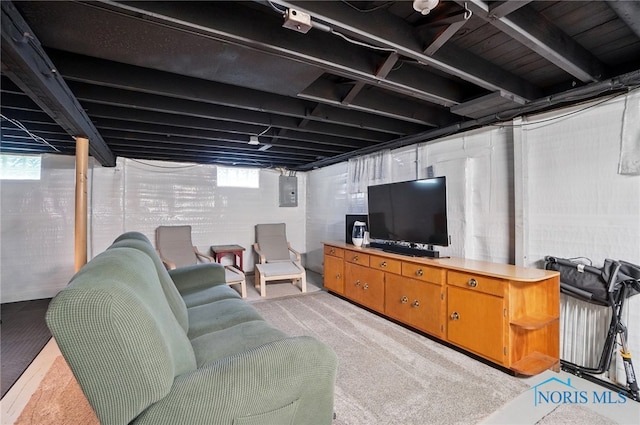 living room featuring electric panel and light colored carpet