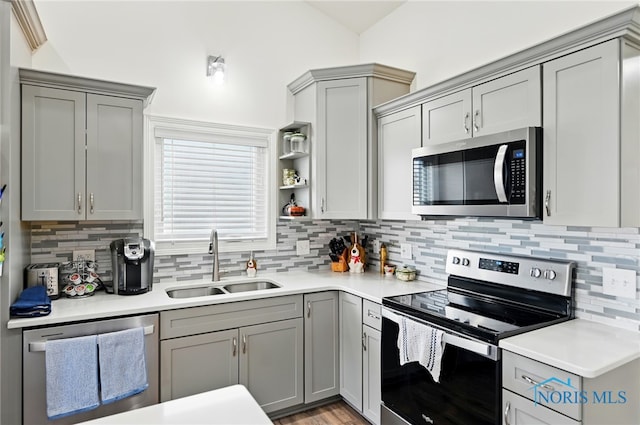 9274 Shaffer St, Findlay, OH 45840 - kitchen featuring appliances with stainless steel finishes, a sink, and gray cabinetry