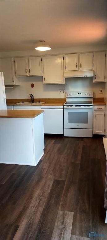 856 Village Pkwy, Waterville, OH 43566 - kitchen featuring white appliances, a sink, dark wood-style floors, under cabinet range hood, and white cabinets