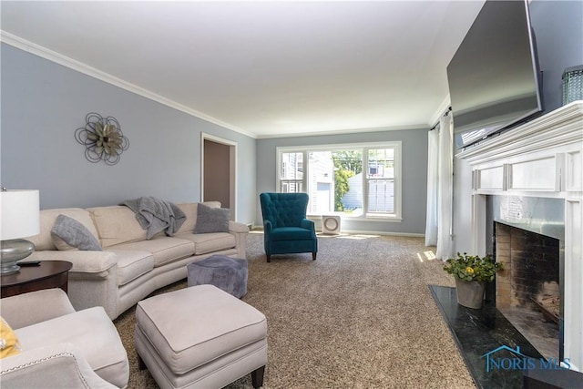 1619 Grant Blvd, Findlay, OH 45840 - carpeted living room with crown molding, a fireplace, and baseboards