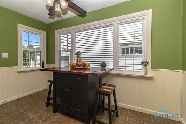 1619 Grant Blvd, Findlay, OH 45840 - dining room featuring a wainscoted wall, a ceiling fan, and baseboards