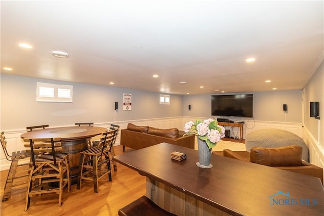 1619 Grant Blvd, Findlay, OH 45840 - dining space featuring light wood-style flooring, wainscoting, recessed lighting, and a decorative wall