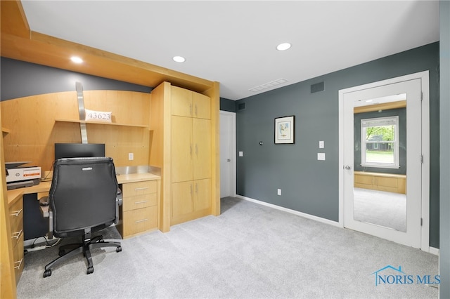 home office with light colored carpet, recessed lighting, and baseboards